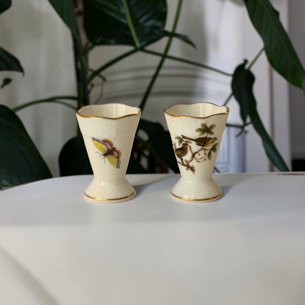 Herend Rothschild Bird Mini Vase Pair 280 RO Hand Painted Porcelain Gold Trim